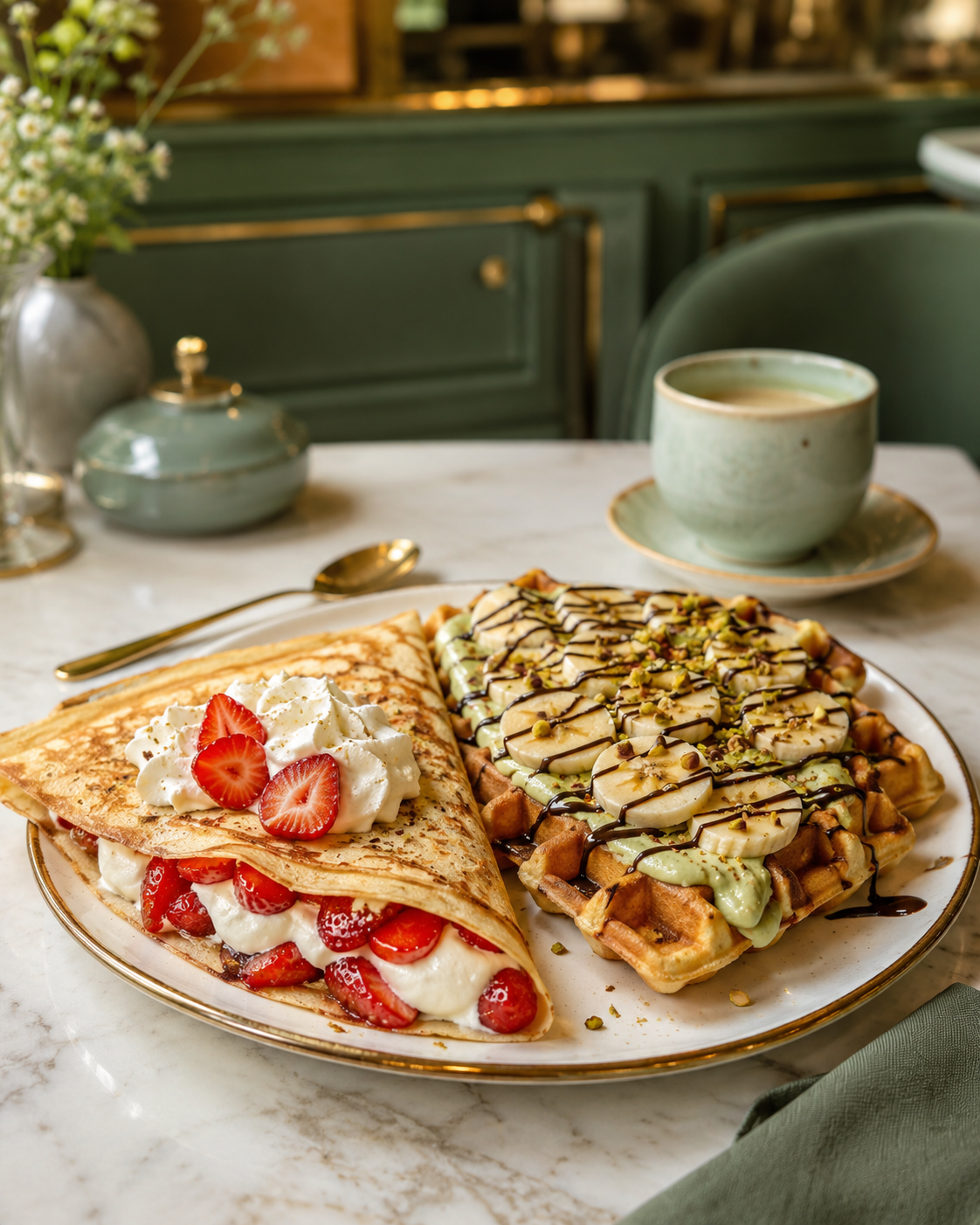 Crêpe aux fraises et gaufre garnie de pistache